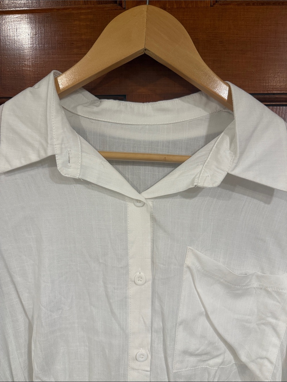White Cropped Drawstring Button-Up Shirt - Picture 4 of 5